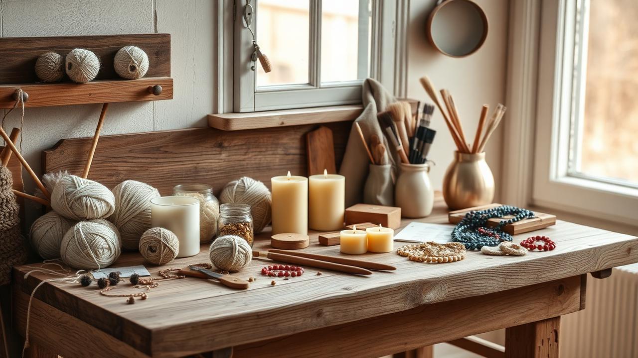 Hobbyverksted med materialer for lysstøping, smykkemaking og kreative prosjekter